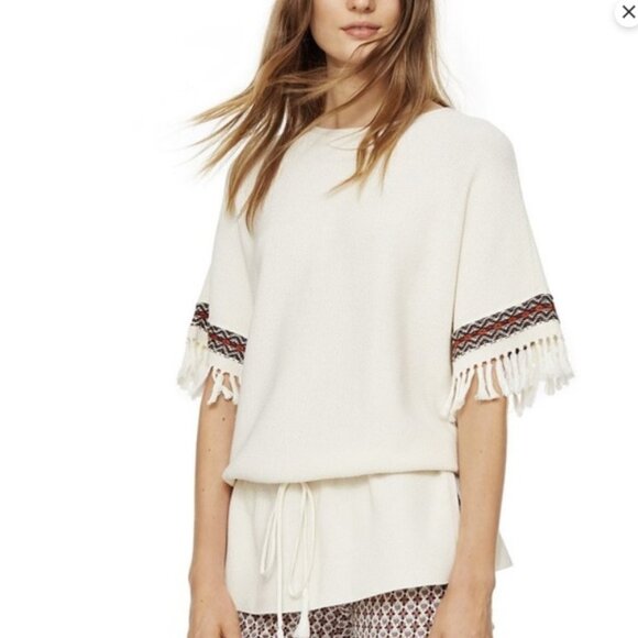 Tory Burch | Textured Boho Fringe Sleeve Western Tie Waist Top - Picture 1 of 10